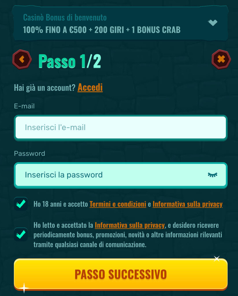 Modulo di registrazione Spinanga (e-mail e password)